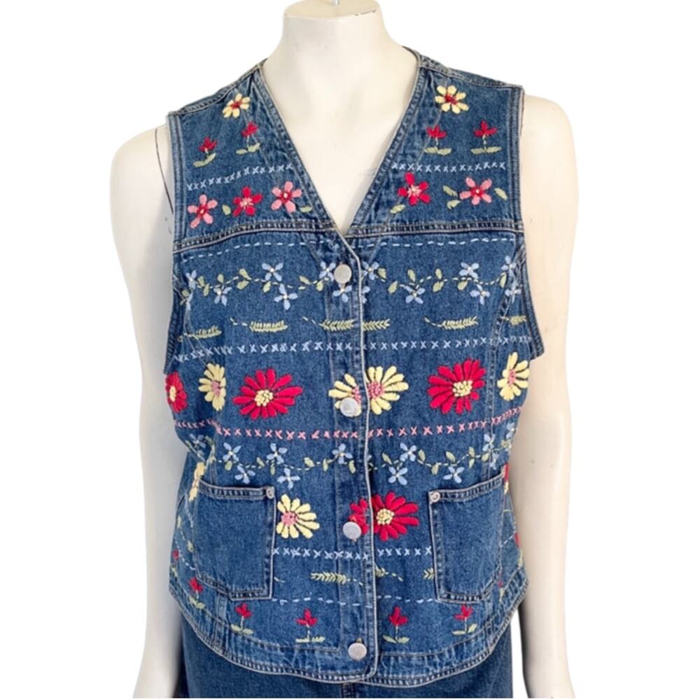 VTG SUSAN BRISTOL Floral Embroidered Denim Vest  Hippie Boho Festival  SZ L - Picture 13 of 13